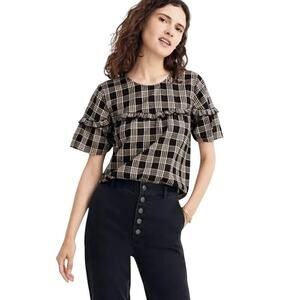 Madewell Metallic Plaid Short Sleeve Ruffle Yoke Top XS